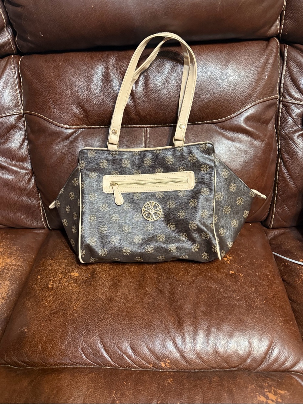 Avon signature collection  Brown Patterned Shoulder Bag with Cream Trim